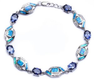 Sterling Silver Tanzanite, Blue Opal and CZ Bracelet