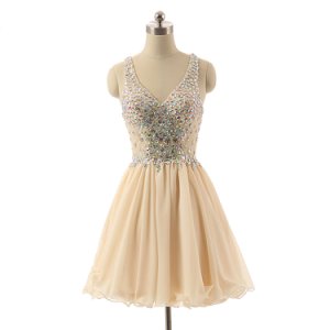 Straps Cross Back Beaded Short Champagne Chiffon Prom Homecoming Gown Dress