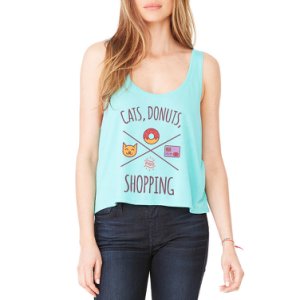 Tee Bangers Cats, Donuts & Shopping Women's Teal Flowy Boxy Tank NEW Sizes S-2XL
