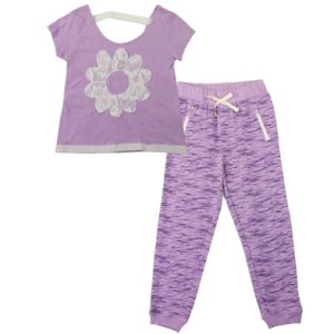 Toddler Girl's 2-Piece Lacy Purple Flower Short-Sleeve Shirt and Pants Outfit