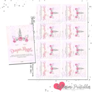 Unicorn Pink & Silver Diaper Raffle Insert Cards Baby Shower INSTANT DOWNLOAD