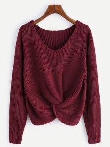 V Neck Sweater Twist Front Sleeve Long Women Top Knit  Casual Pullovers Fall New