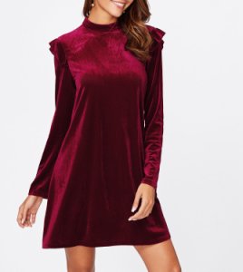 Velvet Dress Burgundy Mini Long Sleeve A-Line Casual