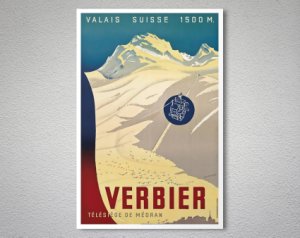 Verbier Telesiege de Medran, Valais Suisse Vintage Travel Poster - Art Print -