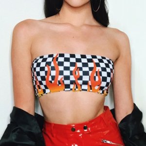 White and Black Plaid Crop Top For Women Chessboard Fire Sexy Shirt Tops