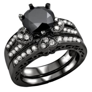 White & Black D/VVS1 Diamond 14K Black Gold Over Bridal Wedding Ring Set