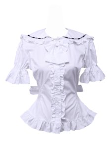 White Cotton Bow Ruffle Retro Victorian Sailor Short Sleeve Lolita Blouse