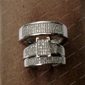 White Gold Plated Men's Woman 0.40ct Diamonds Pave Wedding Bands Trio Ring Set