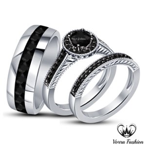 White Gold Plated Pure 925 Silver His & Her Trio Wedding Band Bridal Ring Set