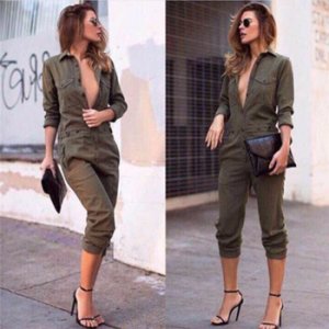 Women Army green Casual long sleeves Jumpsuit Rompers Pant Loose Trousers Suit