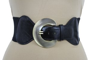 Unbranded - Women big round gold metal buckle fashion black stretch belt hip waist size s m