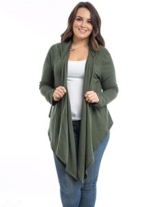 Women Cardigan Size 1XL 3XL Style Up Olive Long Sleeves Open Neck Wrap Hooded