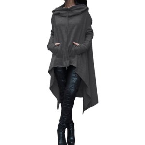 Women Fashion Draw Cord Coat Long Sleeve Loose Casual Poncho Coat Hoodies Black