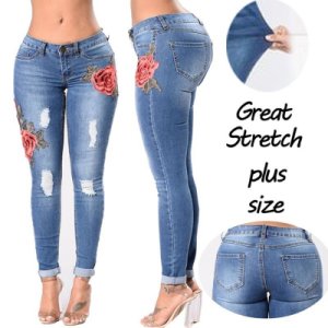 Women Fashion Plus Size Rose Embroidered Ripped Jeans Women Sexy Casual Skinny J