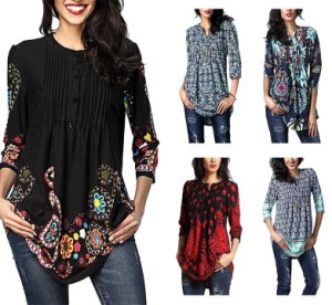 Women Floral Printed 3/4 Sleeve Notch Neck Pintuck Casual Tunic Loose Top Blouse