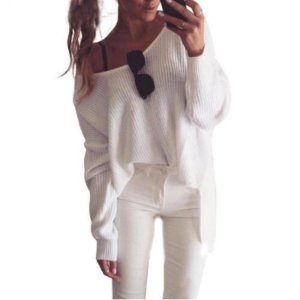 Women Off Shoulder V Neck Blouse Top Ladies Long Sleeve Knitted Sweater clubwear