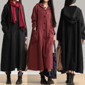 Women Retro Full length Hooded Coat Jacket Long Maxi Dress Kaftan