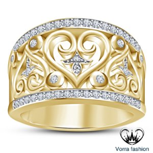 Women's Band Engagement Ring 925 Silver Round Sim Diamond 14k Yellow Gold Plated