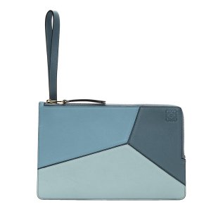 Women's Blue Puzzle Calfskin Leather Flat Pouch Clutch Purse Handbag