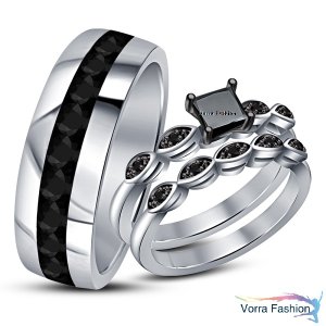 Women's Engagement Ring Men's Wedding Band Trio Set White Gold Plated 925 Silver