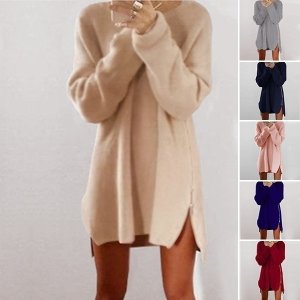Women's Loose Above Knee Polyester Plain Knitted Zipper Sweater Dresses Apricot