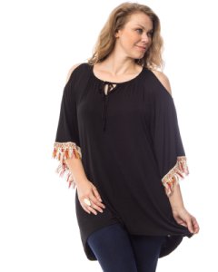 Women Top Knit Tunic Scoop Neck PLUS SIZE 2X Black Fringed ¾ Sleeves Pullover