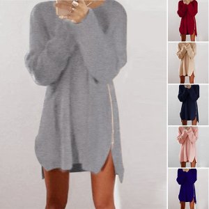 Women Warm Loose Above Knee Polyester Plain Knitted Zipper Sweater Dresses white