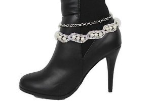 Women Western Boot Bracelet Silver Metal Chain Shoe Bling Pearl Beads Wrap Charm