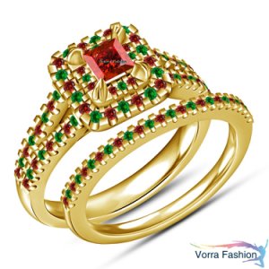 Vorra Fashion - Yellow gold plated 925 silver princess cut multi color wedding bridal ring set