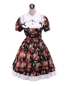 ZeroMart Black Cotton Floral Lace Ruffle Gothic Victorian Lolita Dress
