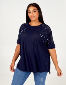 CATHERINE - Curve Oversize Pearl And Diamante Bling Top - 18 / NAVY