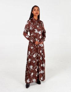 JULIETTE - Floral Spot Collar Maxi Shirt Dress - 10 / CHOCOLATE
