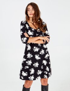 NYLAH - Floral Ruched Front Tea Dress - 10 / Cream/Black