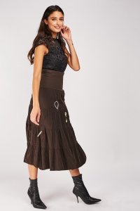 Embroidered Patch Trim Midi Skirt
