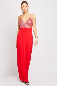 Encrusted Front Plunge Maxi Dress