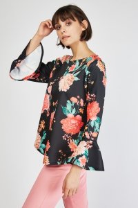 Floral Print Bell Sleeve Flared Top