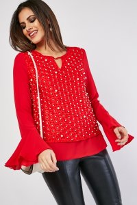 Pearl Insert Embroidered Contrast Blouse