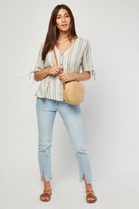 Everything5pounds.com - Tie up stripe cotton blouse
