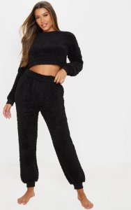 Prettylittlething - Black fluffy teddy cropped top and jogger set, black