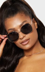Black Oversized Square Lens Gold Metal Frame Sunglasses