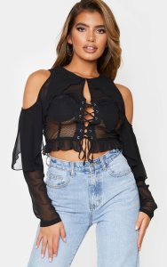 Prettylittlething - Black sheer cold shoulder mesh bodice cropped blouse, black