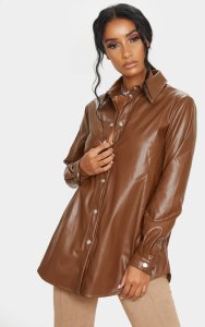 Brown Faux Leather Oversized Shirt, Brown