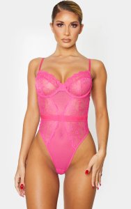 Hot Pink Delicate Lace And Fishnet Underwired Body, Hot Pink