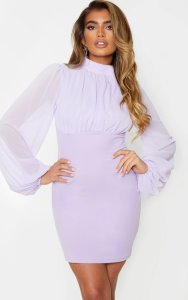 Lilac Chiffon High Neck Balloon Sleeve Bodycon Dress, Lilac