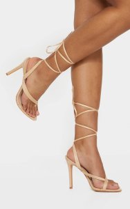 Prettylittlething - Nude cross toe loop ankle strappy high heels, nude