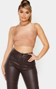 Prettylittlething - Nude disco high neck crop top, nude