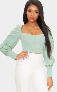 Petite Sage Green Tie Back Cup Detail Cropped Blouse, Sage Green
