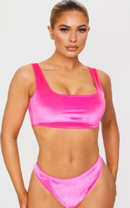Prettylittlething - Pink velvet scoop neck bikini top, pink