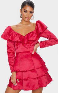 Red Long Sleeve Tiered Satin Skater Dress, Red