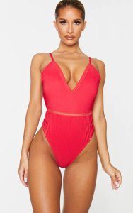 Red V Front Ribbed Swimsuit, Red
